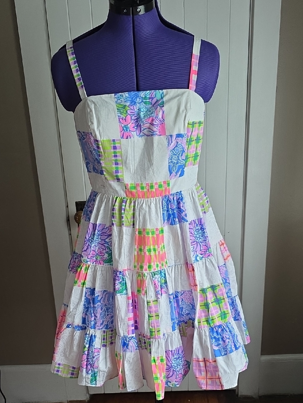 Lilly Pulitzer Alision White Patchwork Floral  Sundress with Pastel Accents